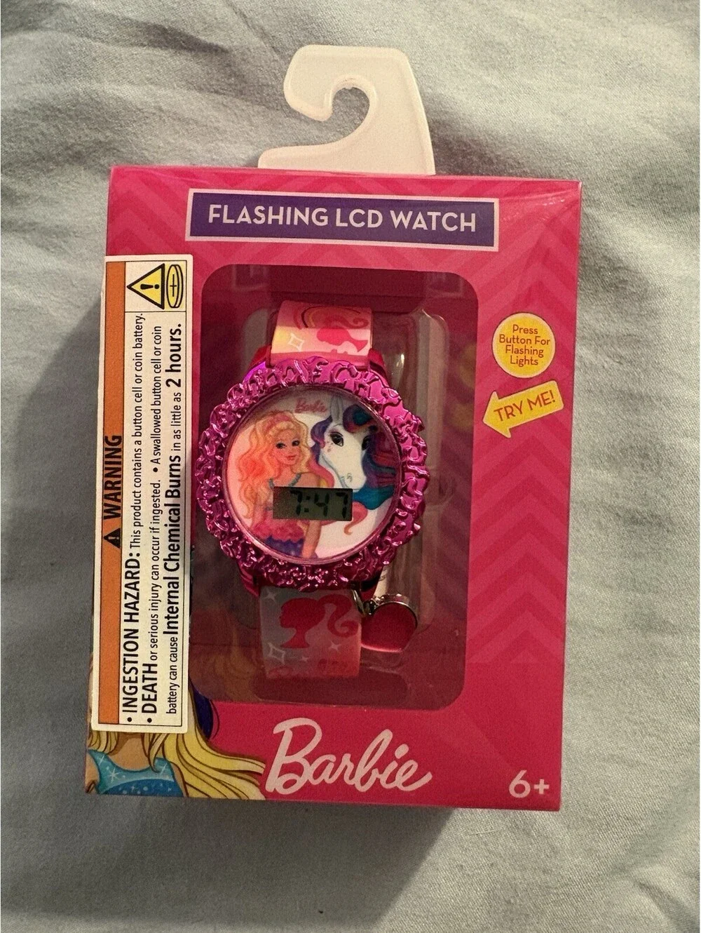 Pink Barbie & Unicorn Watch With Flashing LCD Lights Red, Blue, Green By Mattel